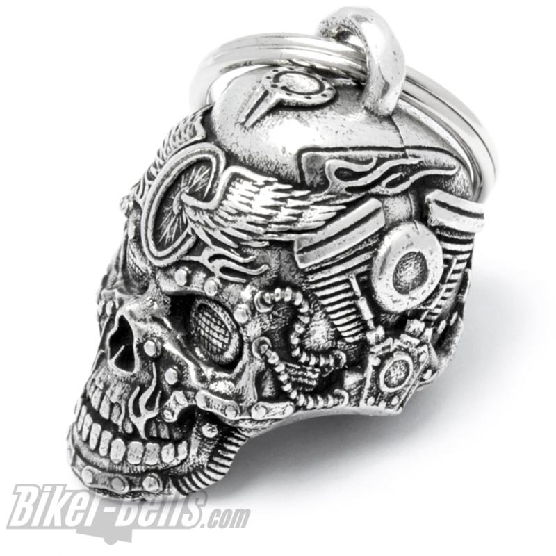 Geilste Biker-Bell ever Totenkopf Motorblock Tank Rad mit Flügeln Flammen Ride Bell